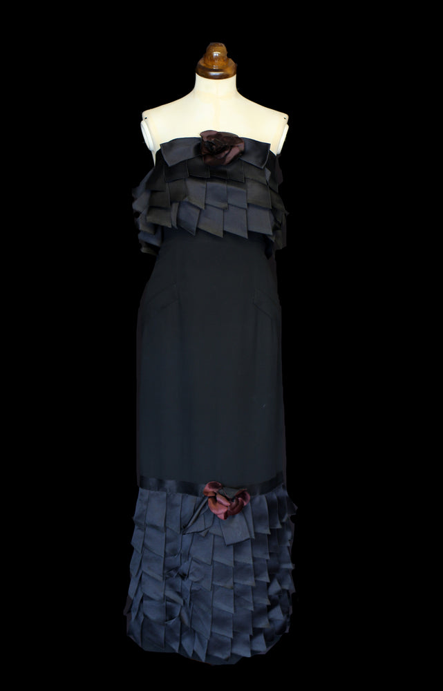 Vintage 1990s Chanel couture black crepe ribbon dress