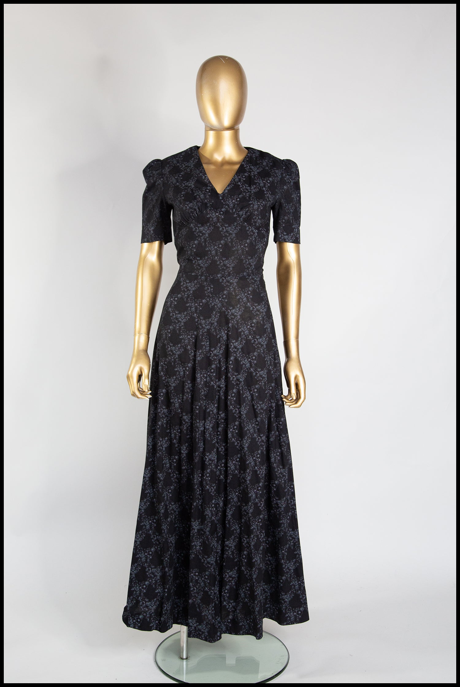 Vintage 1970s Black Floral Cotton Maxi Dress