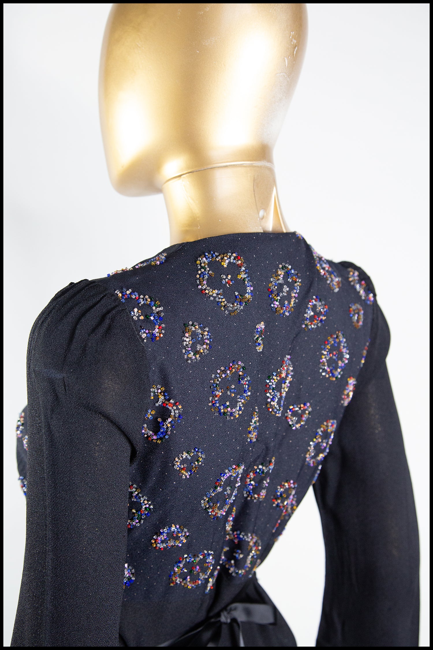 Vintage 1970s Black Beaded Moss Crepe Dress