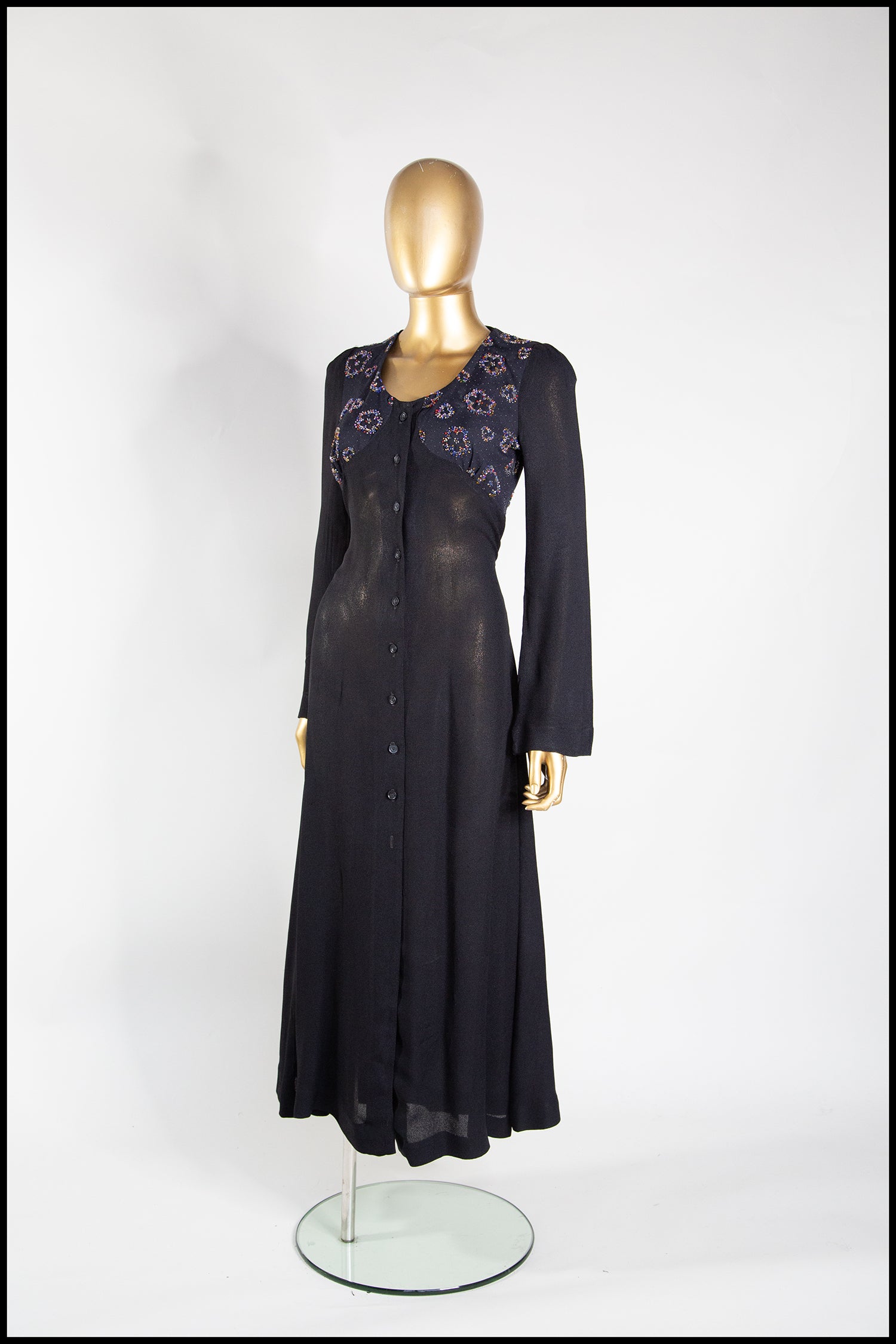 Vintage 1970s Black Beaded Moss Crepe Dress