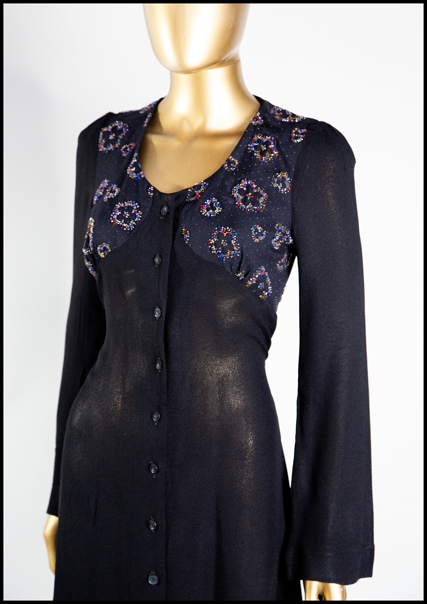 Vintage 1970s Black Beaded Moss Crepe Dress