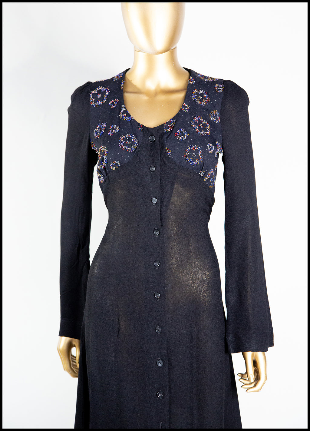 Vintage 1970s Black Beaded Moss Crepe Dress