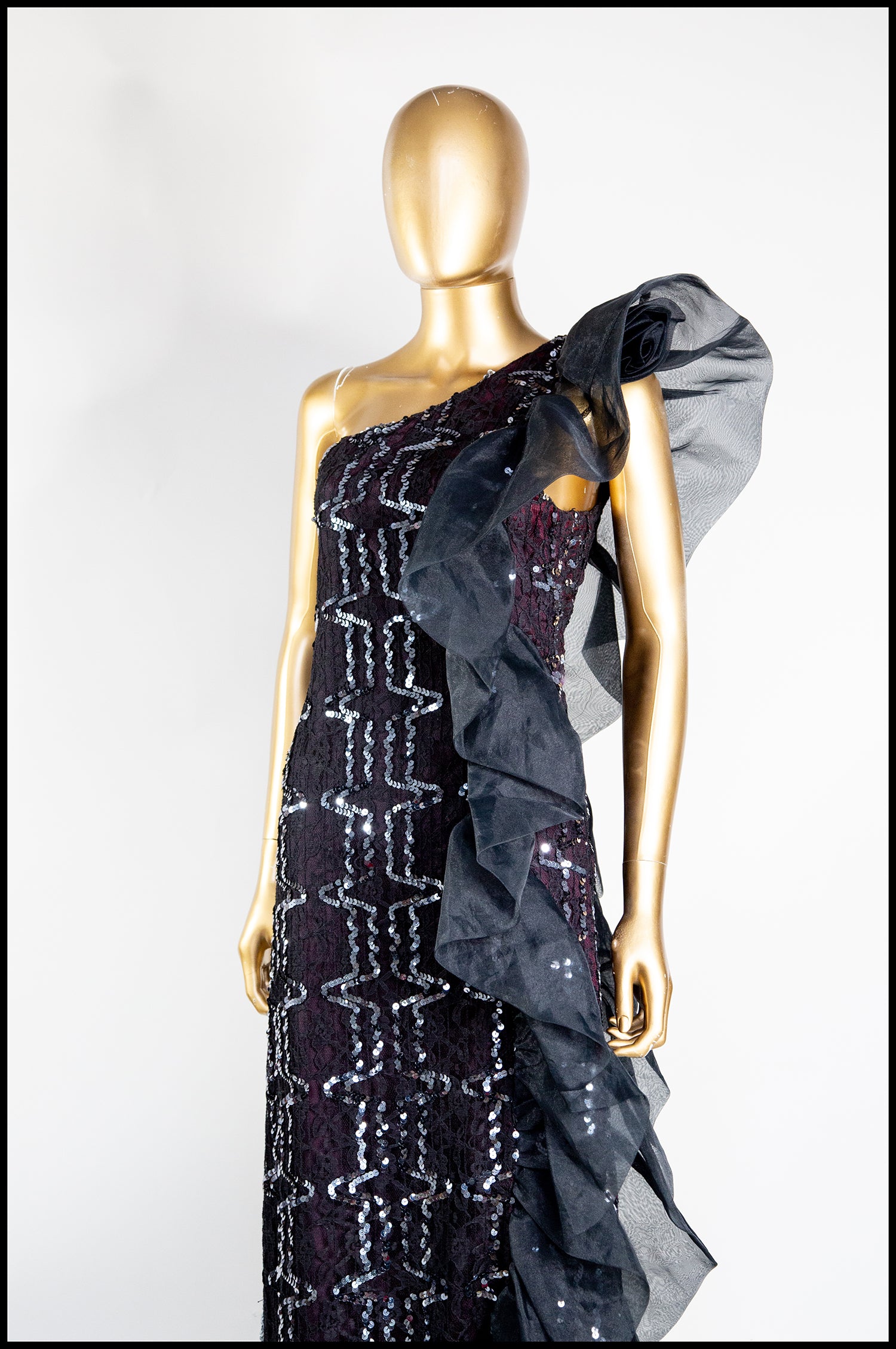 Vintage 1980s Black Asymmetric Ruffle Dress