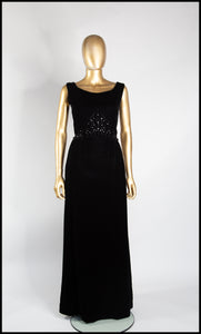 Vintage 1960s Black Beaded Velvet Maxi Dress
