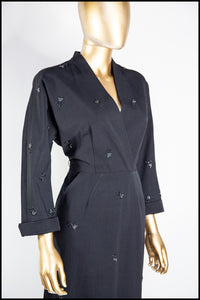Vintage 1940s Black Grosgrain Beaded Day Dress