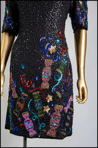 Vintage 1980s Black Beaded Novelty Candy Mini Dress