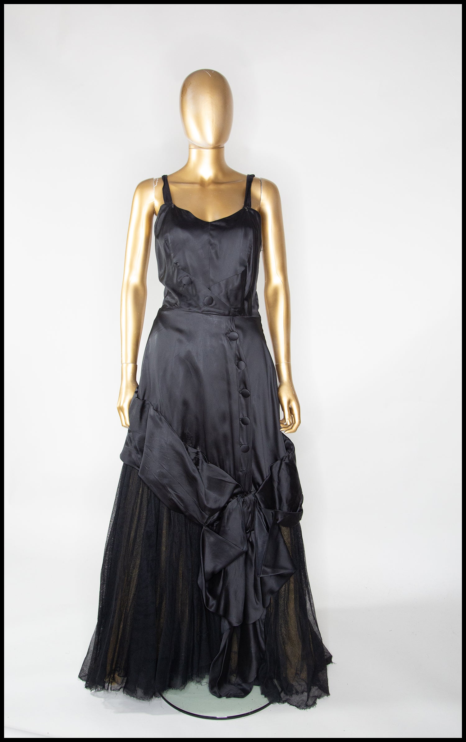 Vintage 1940s Black Satin Tulle Gown