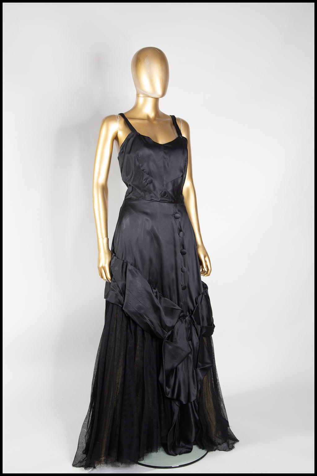 Vintage 1940s Black Satin Tulle Gown
