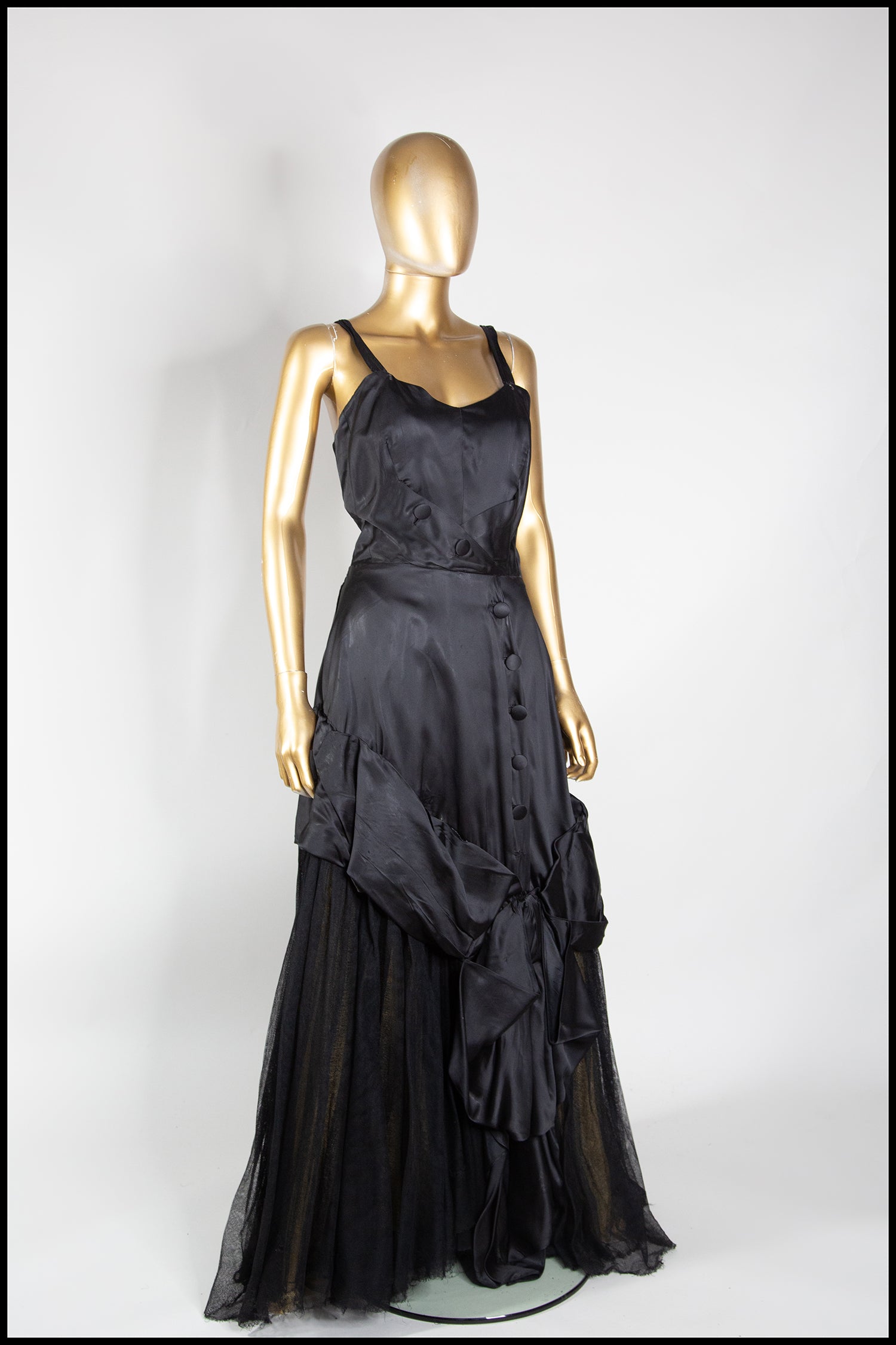 Vintage 1940s Black Satin Tulle Gown