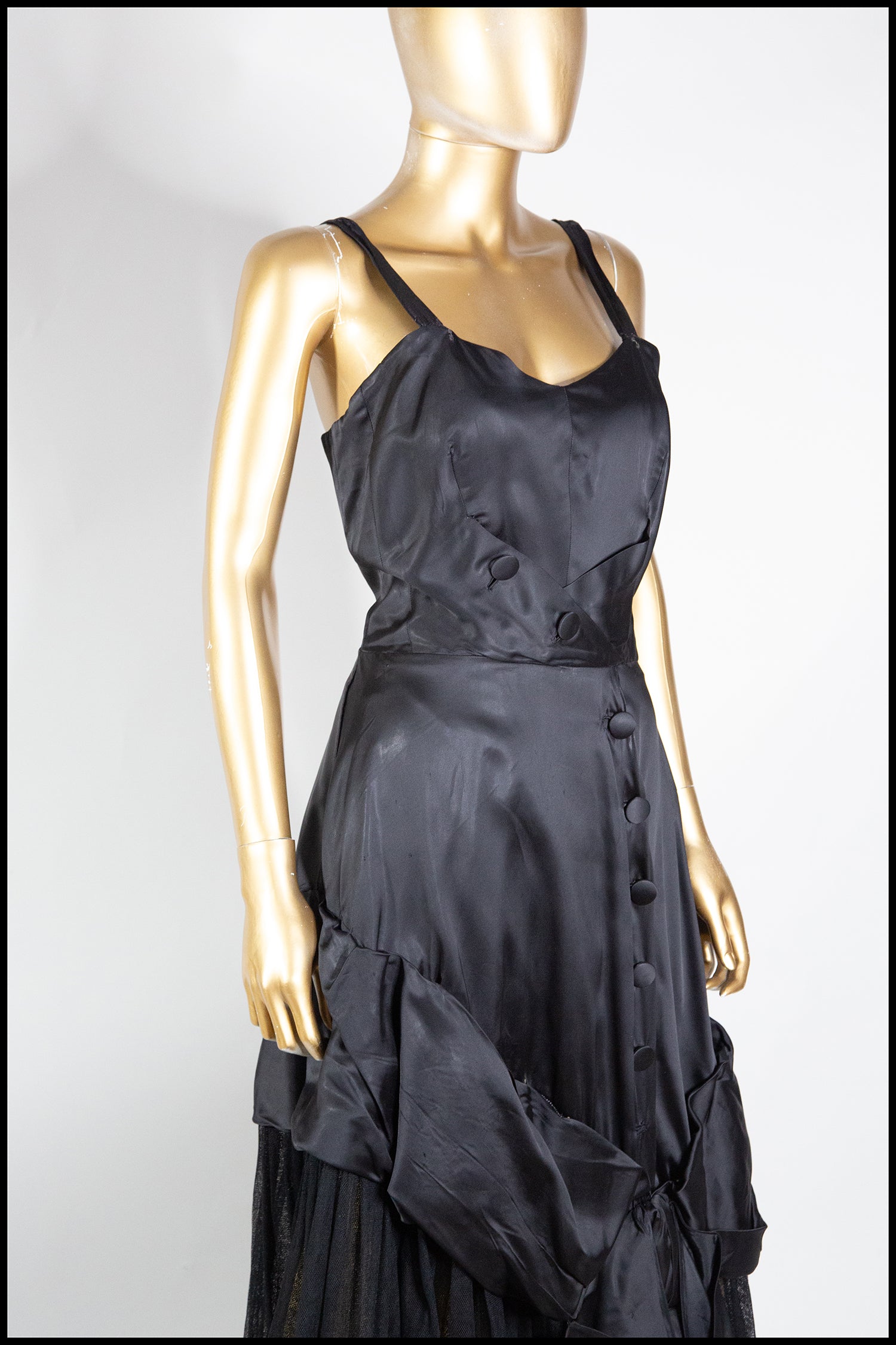Vintage 1940s Black Satin Tulle Gown
