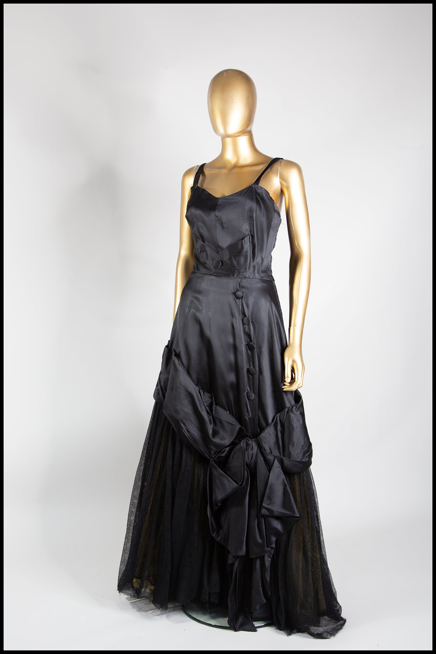 Vintage 1940s Black Satin Tulle Gown