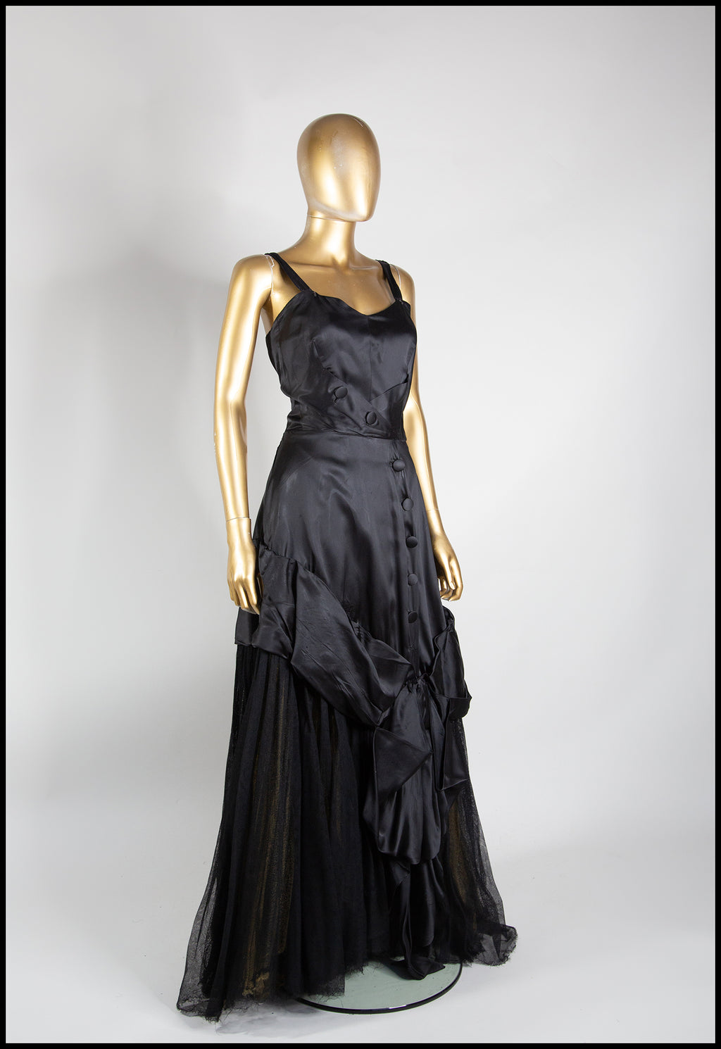 Vintage 1940s Black Satin Tulle Gown