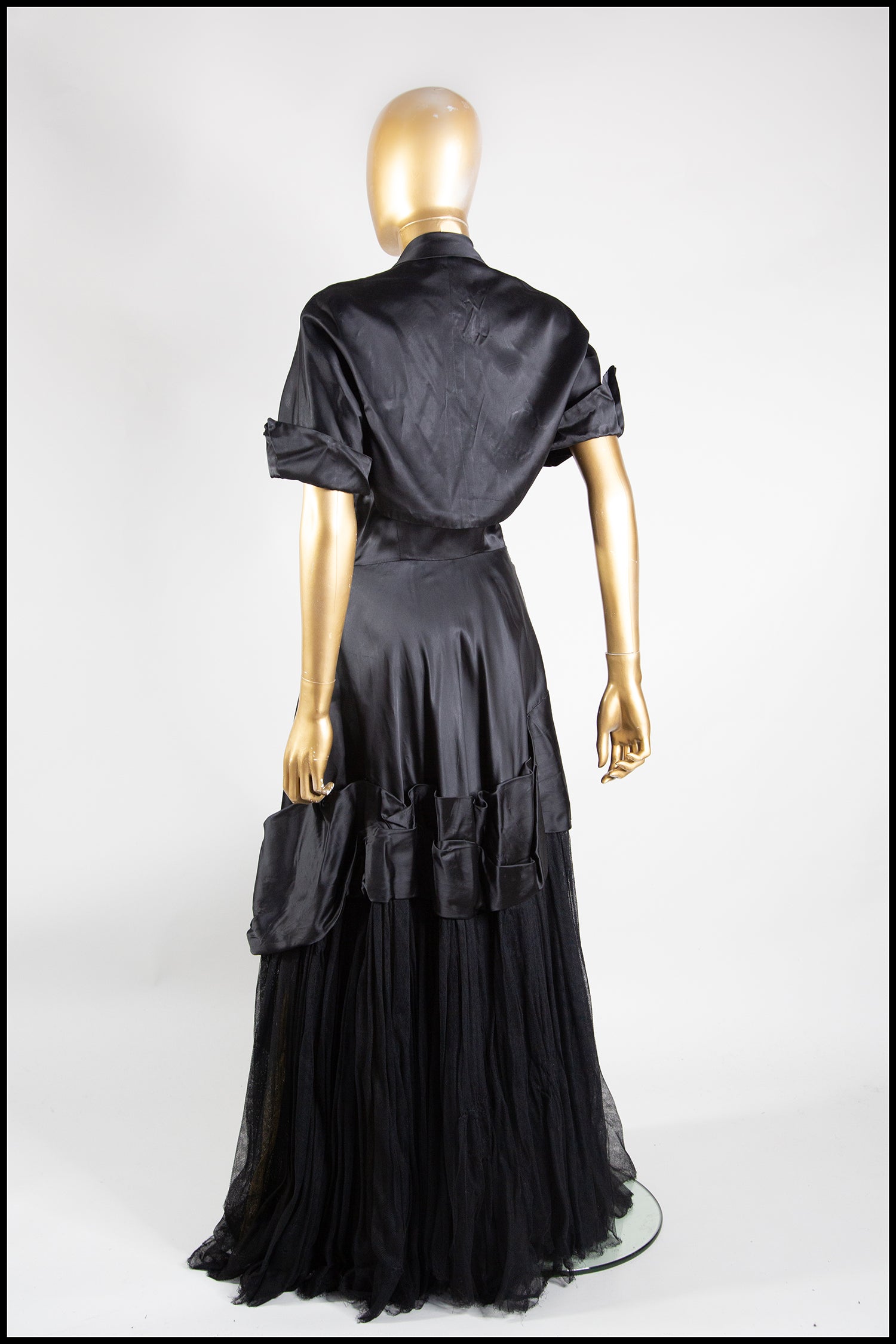 Vintage 1940s Black Satin Tulle Gown
