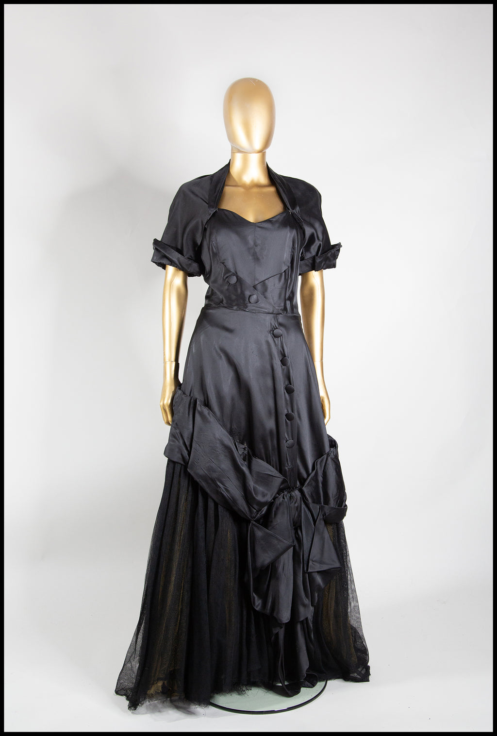 Vintage 1940s Black Satin Tulle Gown