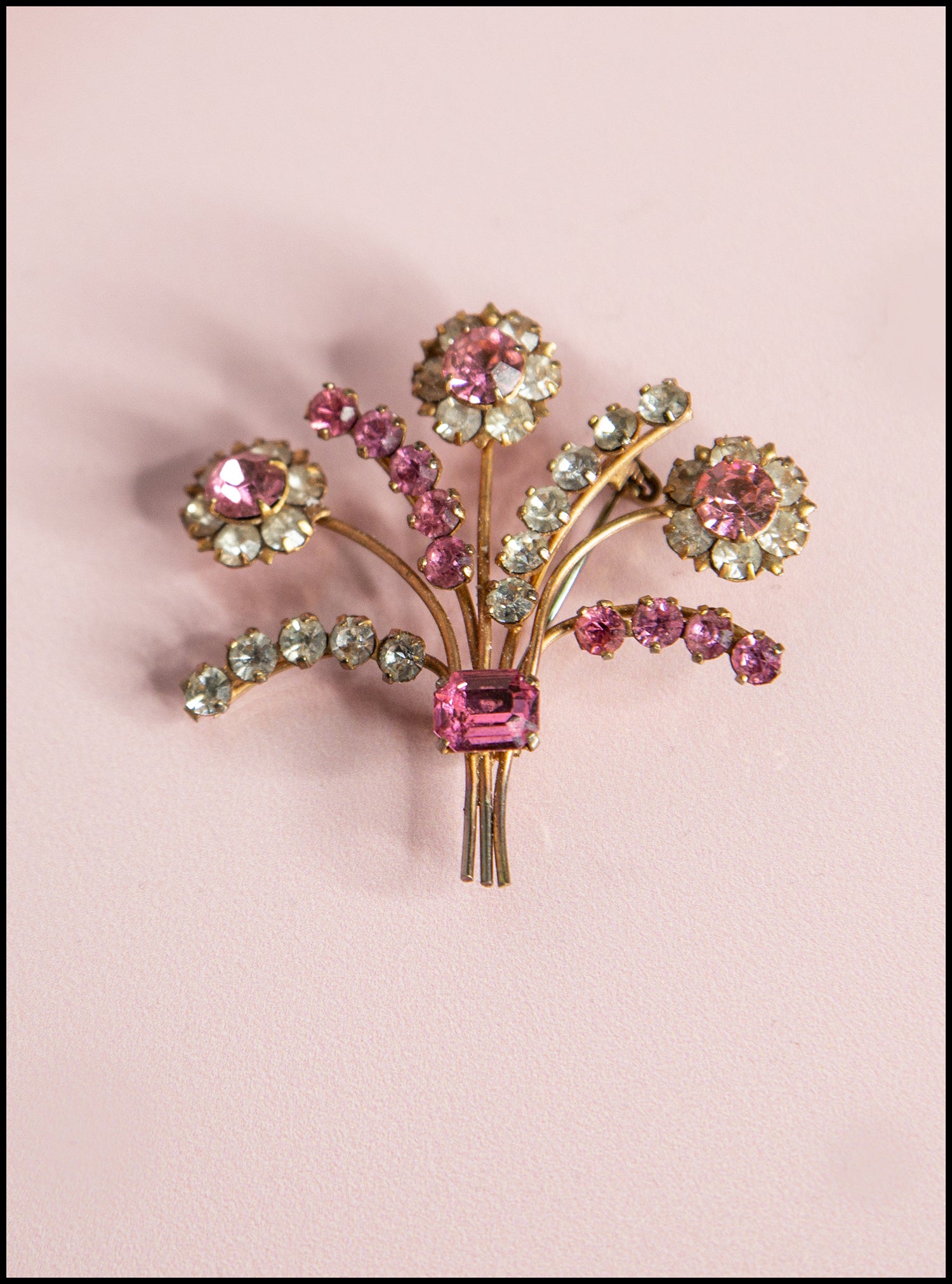 Vintage 1950s Pink Rhinestone Floral Spray Brooch