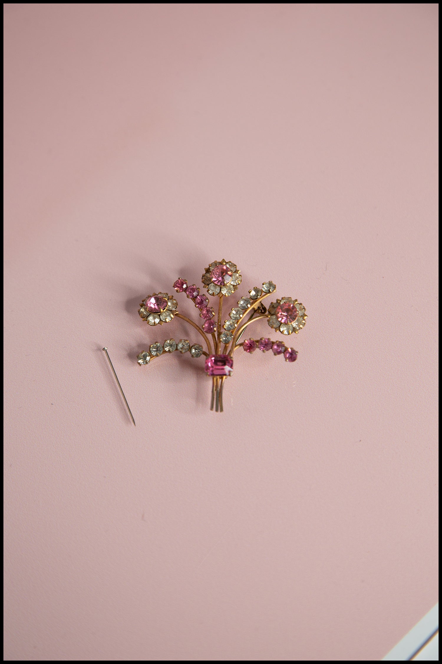 Vintage 1950s Pink Rhinestone Floral Spray Brooch