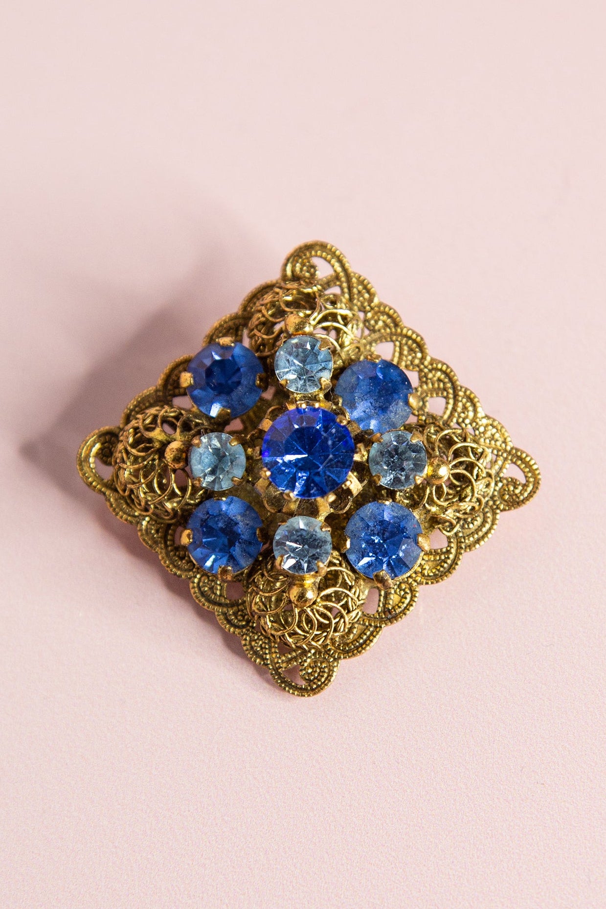 Vintage 1950s Blue Square Czech Rhinestone Brooch