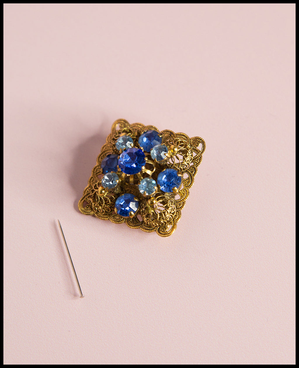 Vintage 1950s Blue Square Czech Rhinestone Brooch