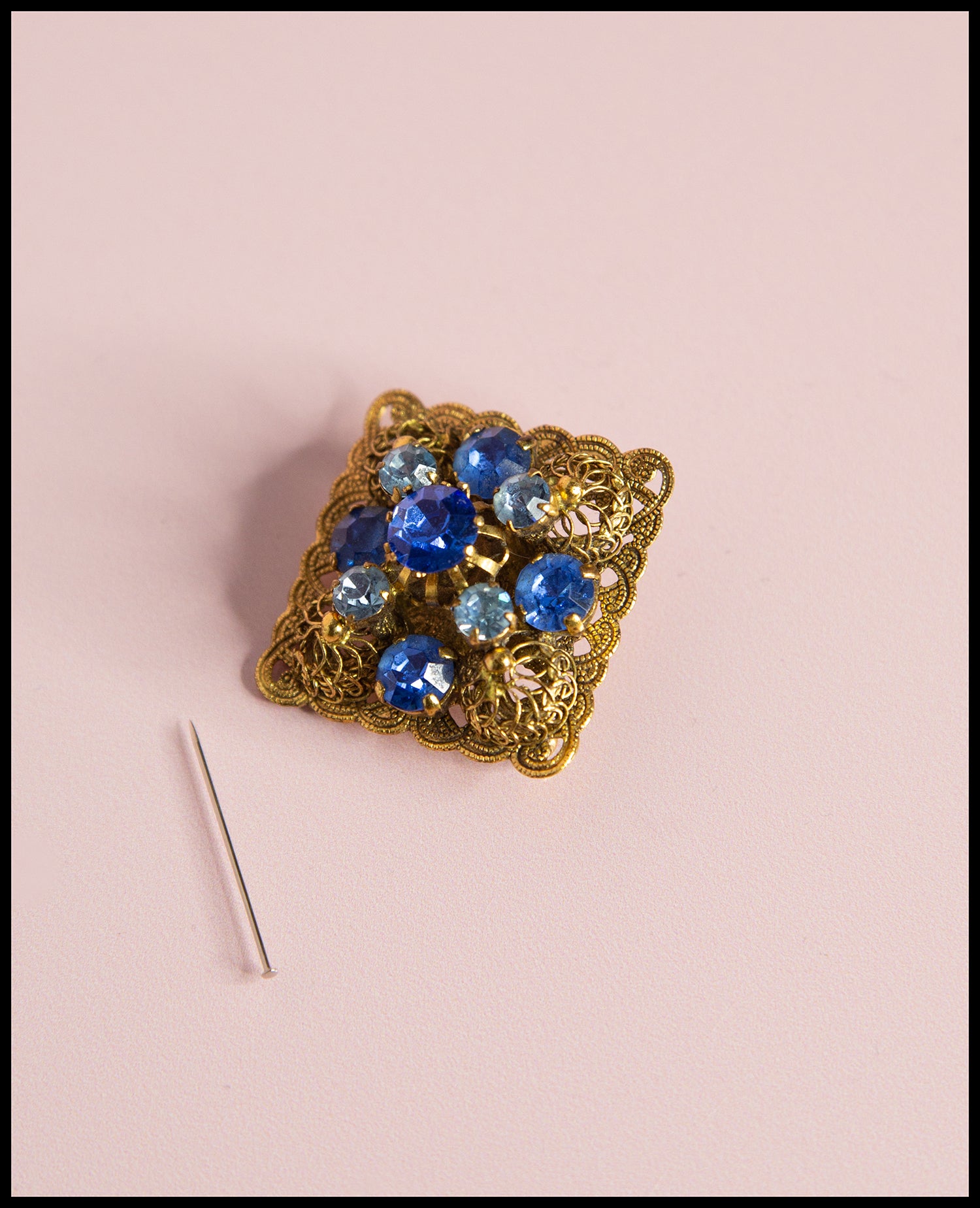 Vintage 1950s Blue Square Czech Rhinestone Brooch