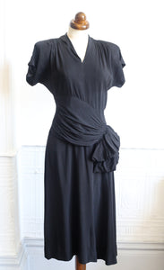 RESERVED - Vintage 1940s Black Crepe Tea Dress