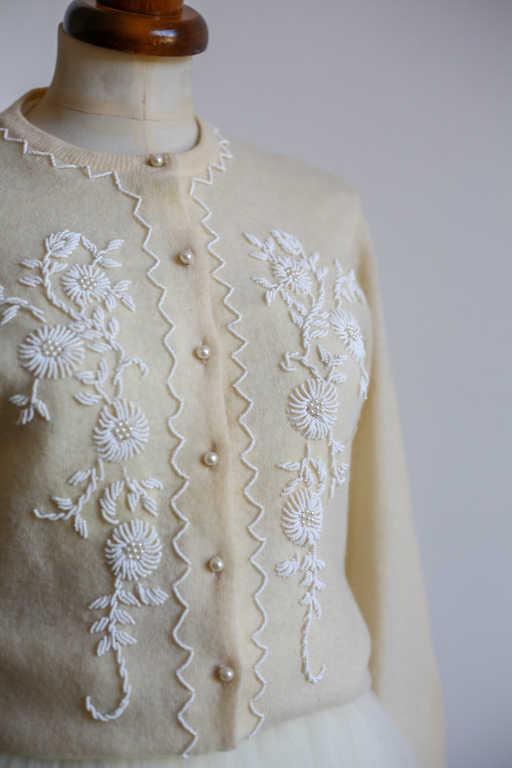 Vintage 1960s Cream Lambswool Beaded Cardigan