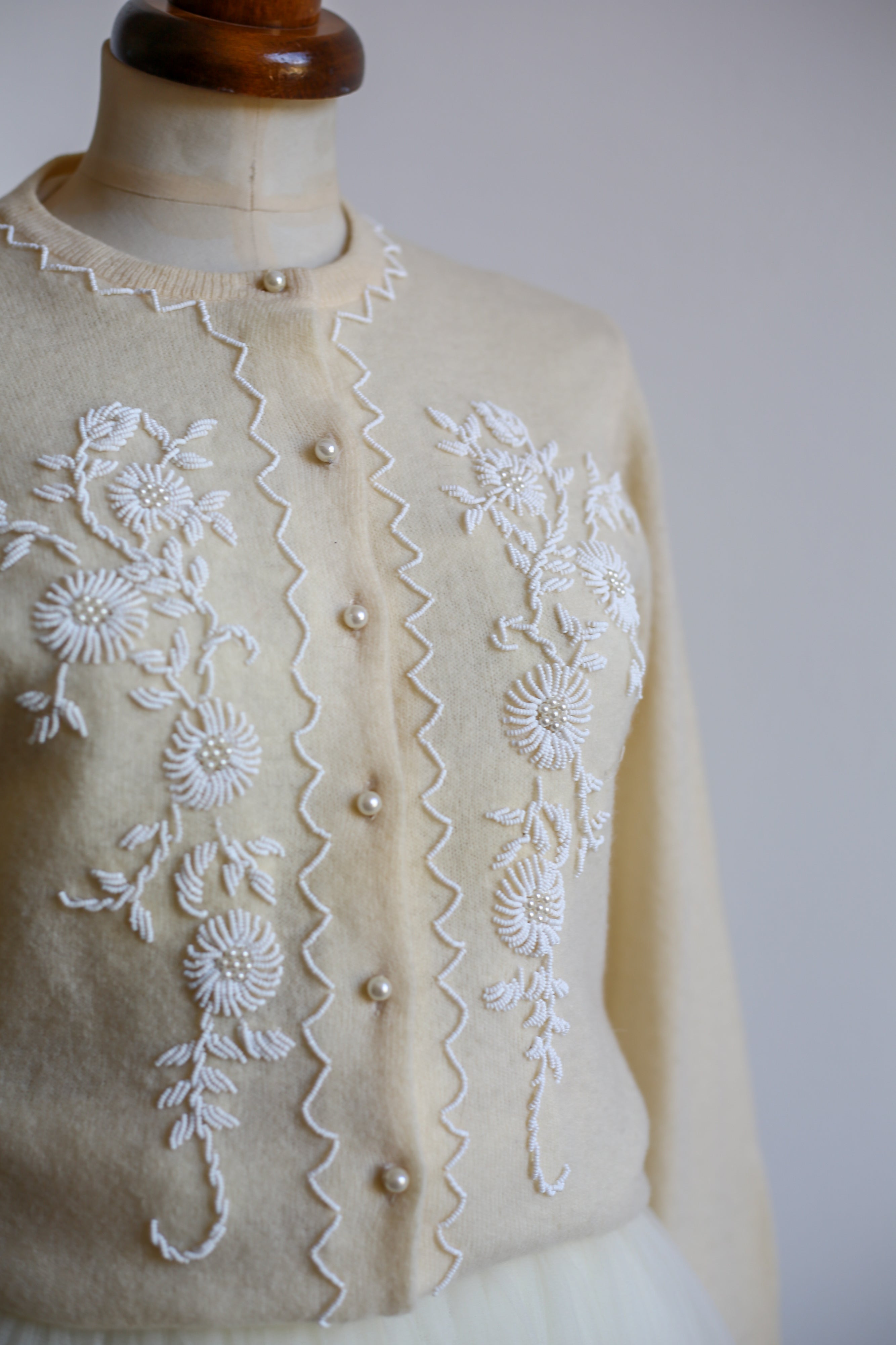 Vintage 1960s Cream Lambswool Beaded Cardigan