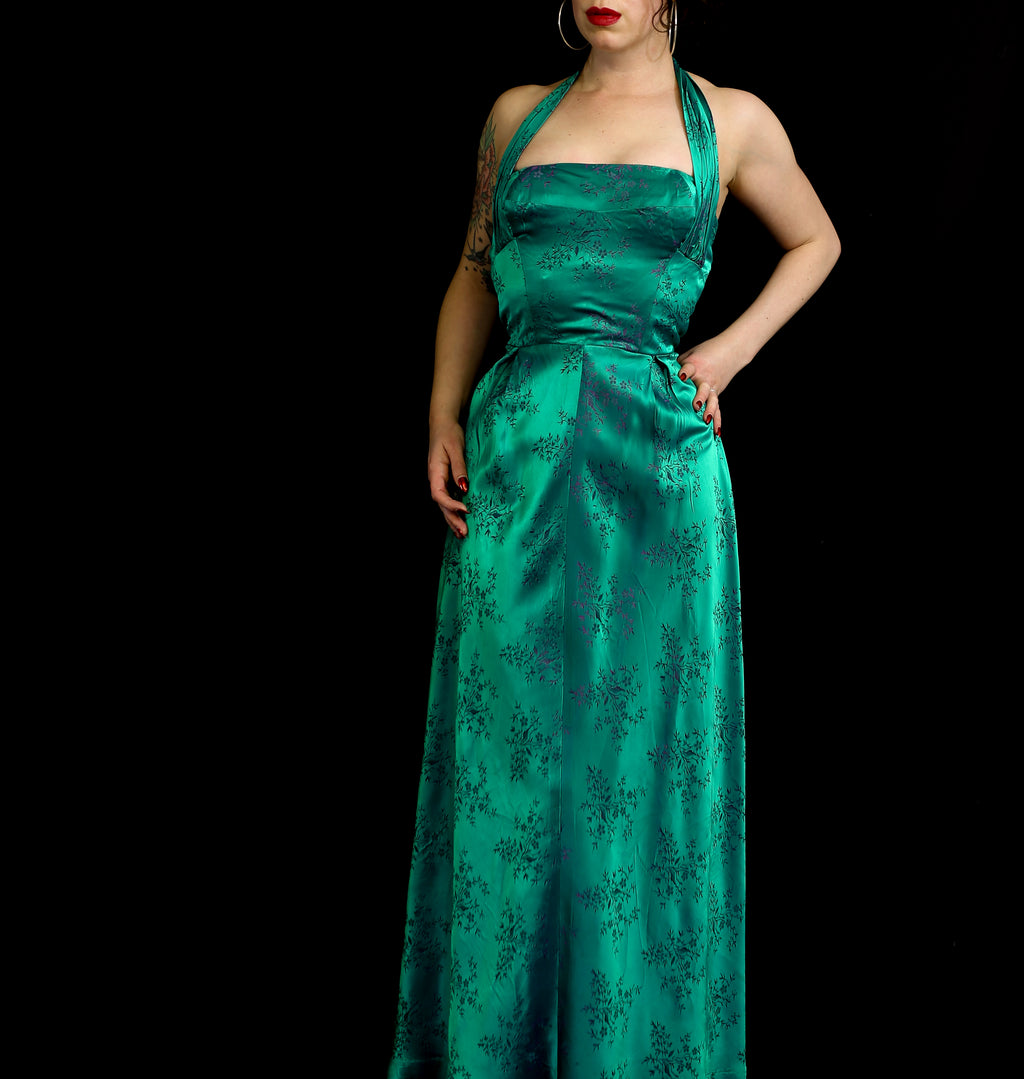 Vintage 1950s Green Brocade Gown