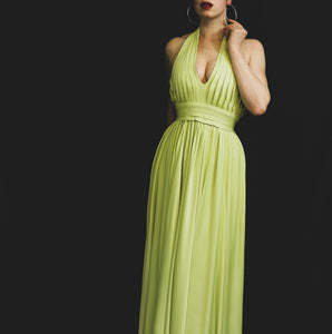 Vintage 1970s Lime Green Pleat Maxi Dress