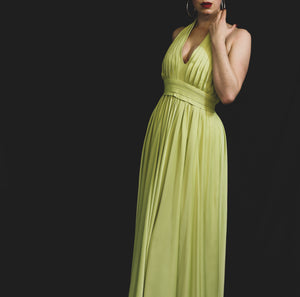 Vintage 1970s Lime Green Pleat Maxi Dress