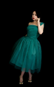 Vintage 1950s Emerald Green Nylon Cocktail Dress