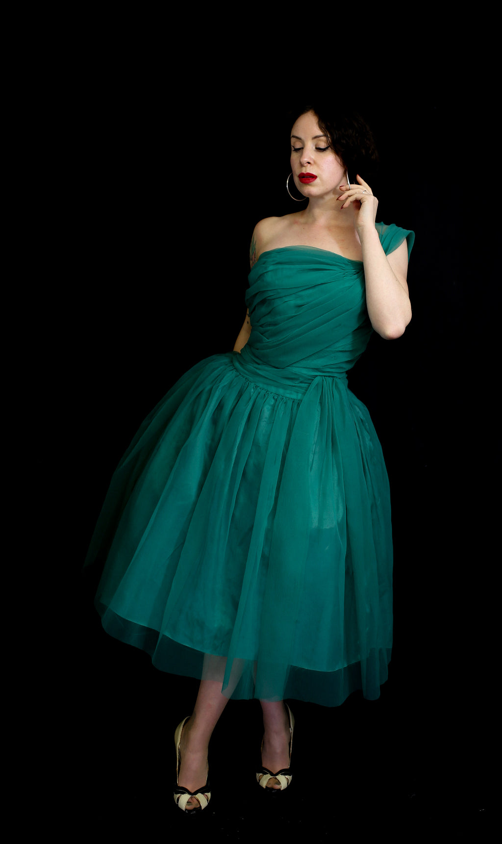 Vintage 1950s Emerald Green Nylon Cocktail Dress
