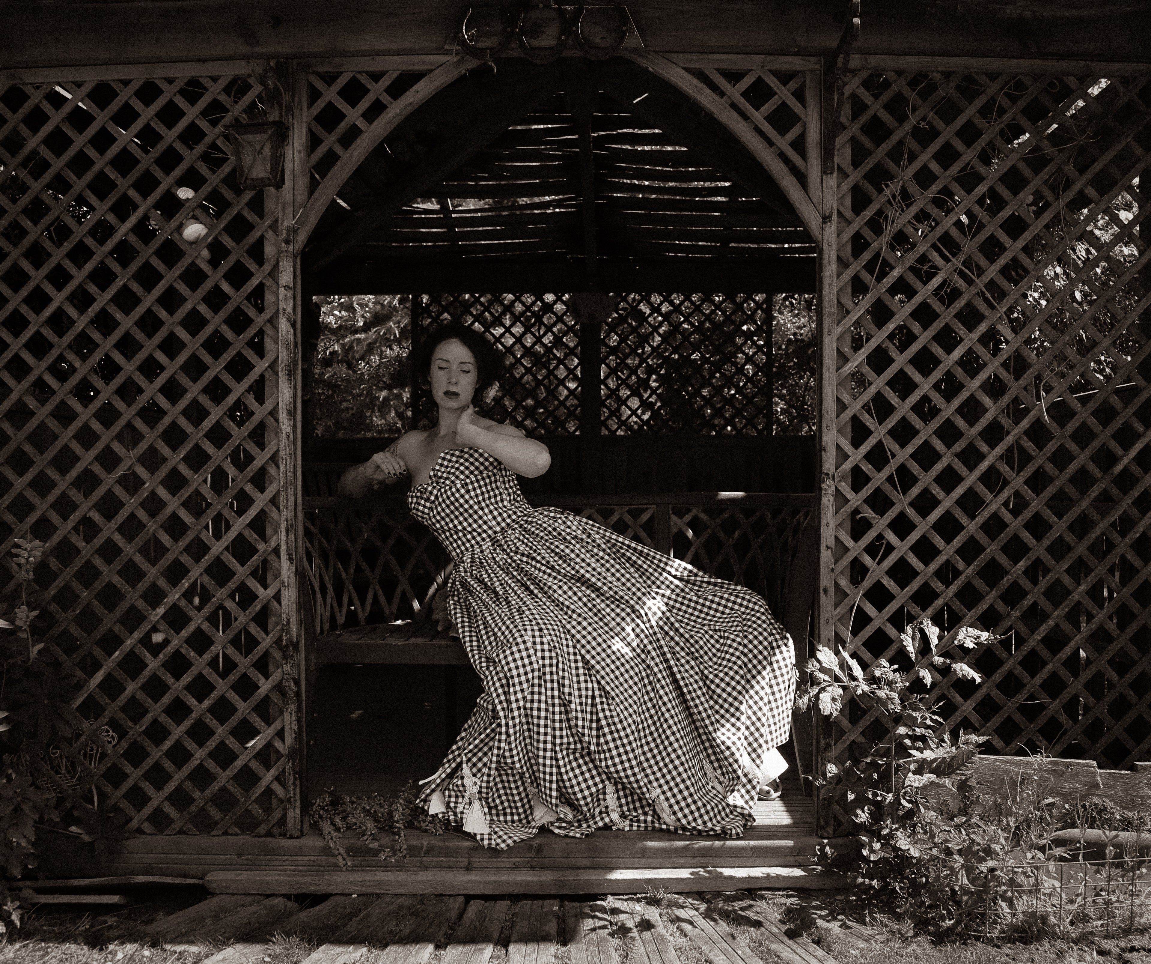 Gingham - Black and White Cotton Ballgown Dress - S