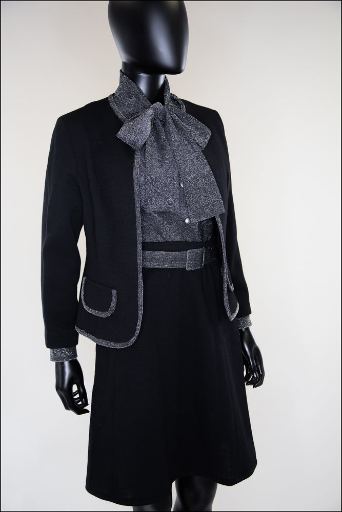 Vintage Black Silver Wool Mini Suit and Blouse
