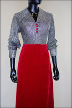 Vintage 1970s Red Silver Velvet Maxi Dress