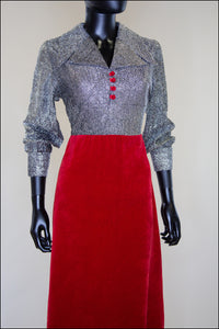 Vintage 1970s Red Silver Velvet Maxi Dress