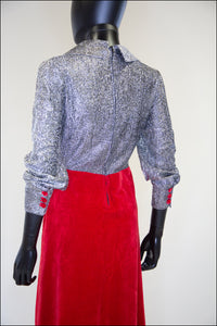 Vintage 1970s Red Silver Velvet Maxi Dress