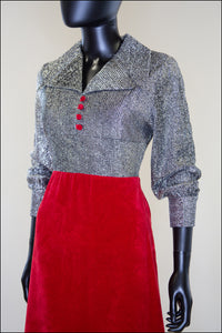 Vintage 1970s Red Silver Velvet Maxi Dress
