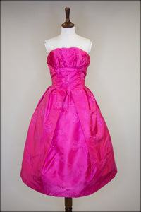 Vintage 1950s Hot Pink Brocade Cocktail Dress