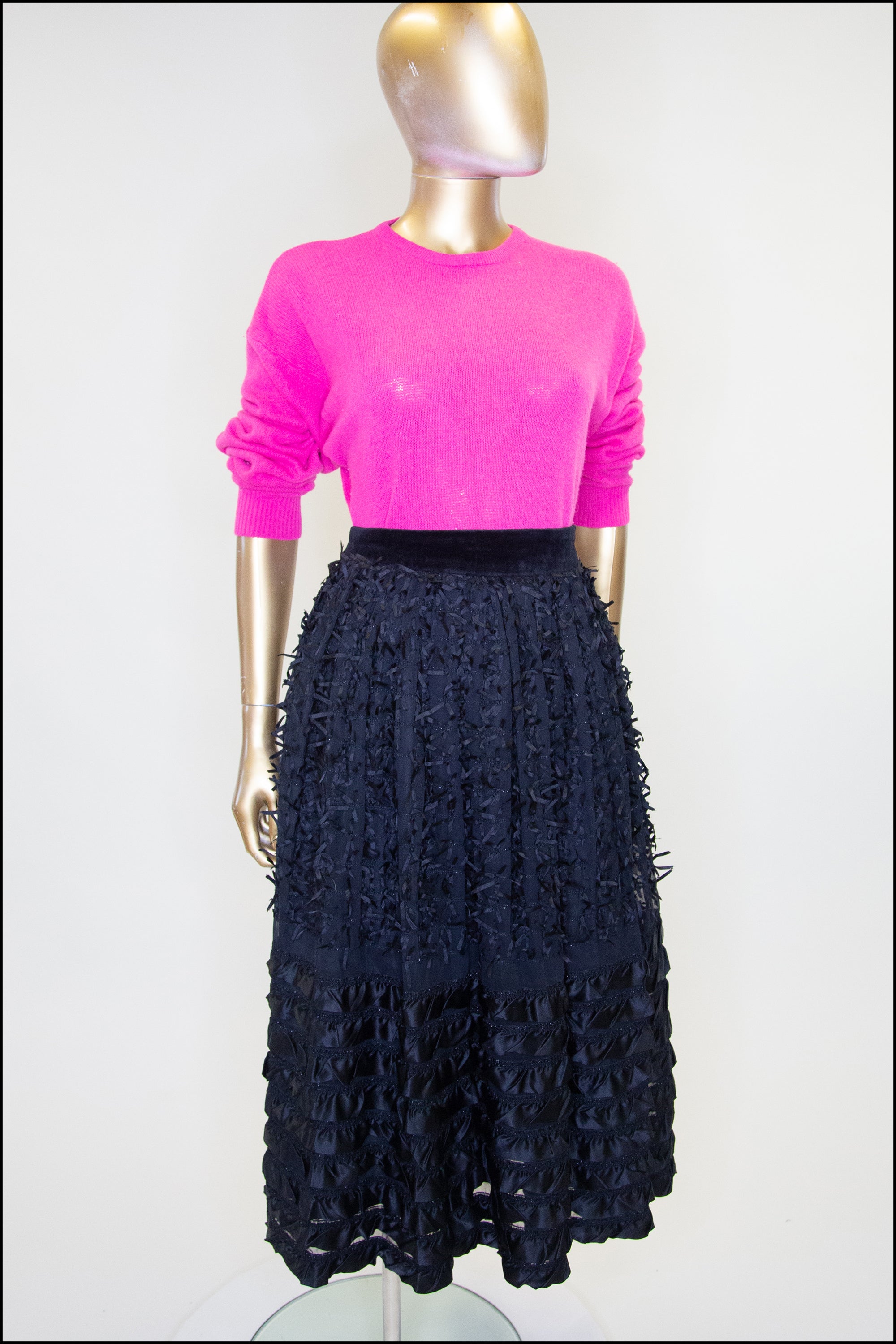 Vintage 1980s Black Ribbon Midi Skirt