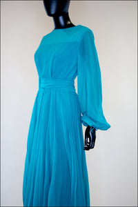 Vintage 1970s Teal Blue Chiffon Gown