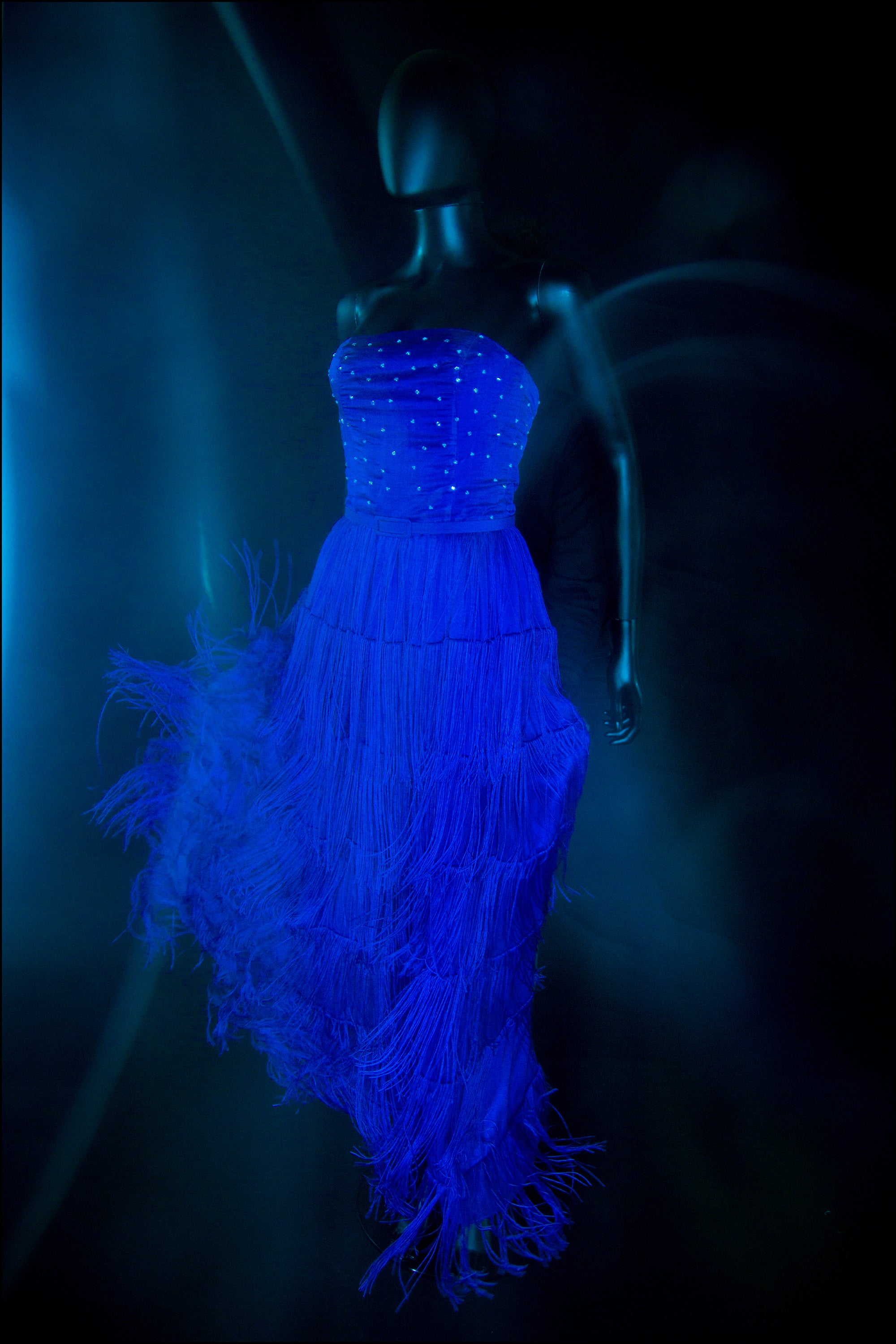 lapis blue silk fringed maxi dress designed  by alexandra king 