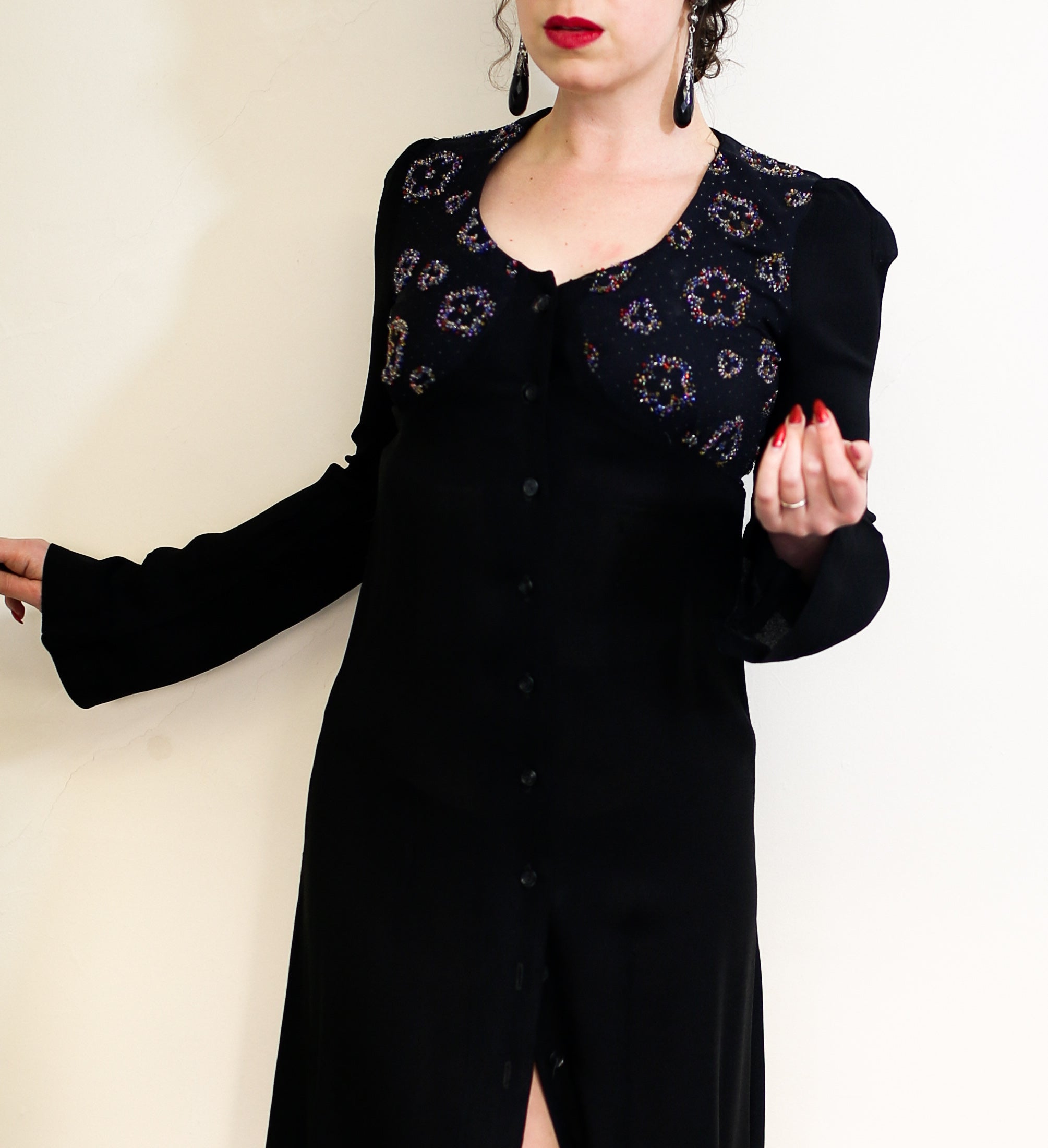 Vintage 1970s Black Beaded Moss Crepe Dress