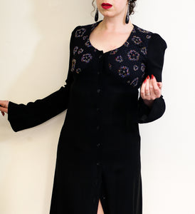 Vintage 1970s Black Beaded Moss Crepe Dress