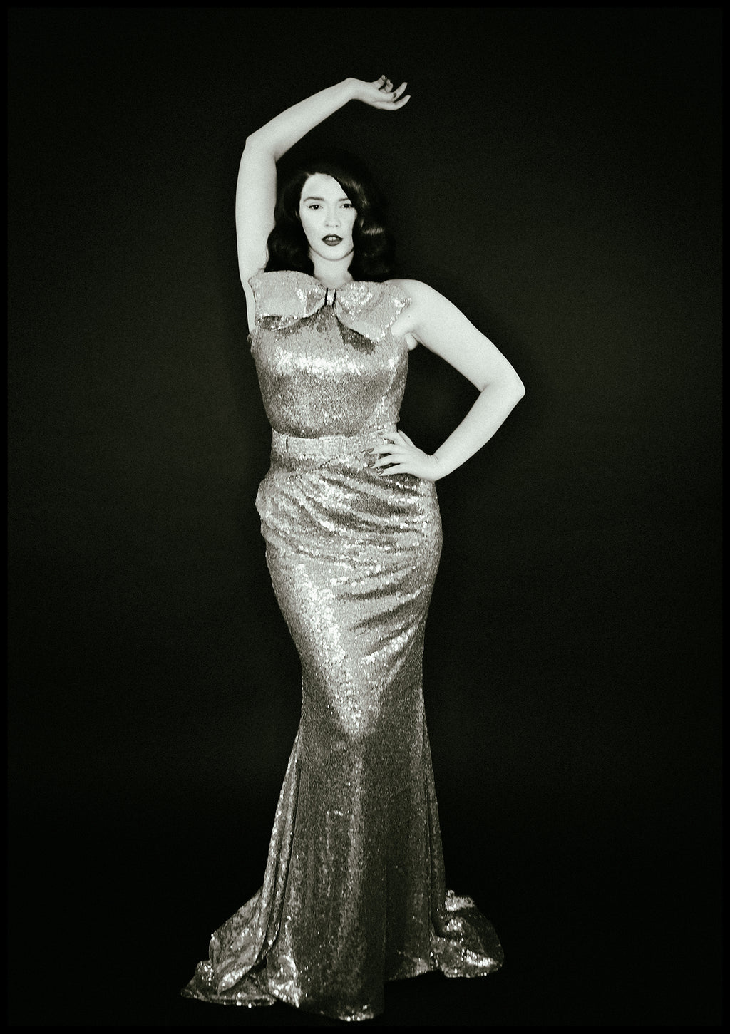 gold sequin old hollywood gown designed by Alexandra King 