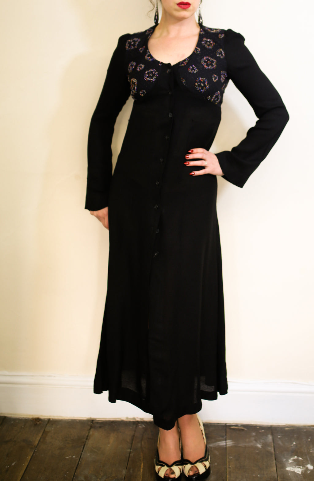 Vintage 1970s Black Beaded Moss Crepe Dress