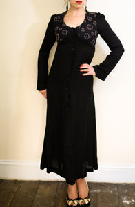 Vintage 1970s Black Beaded Moss Crepe Dress