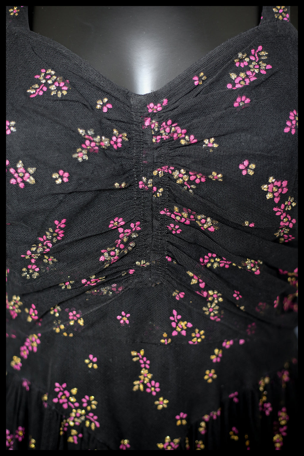 Vintage 1940s Black Printed Tulle Maxi Dress