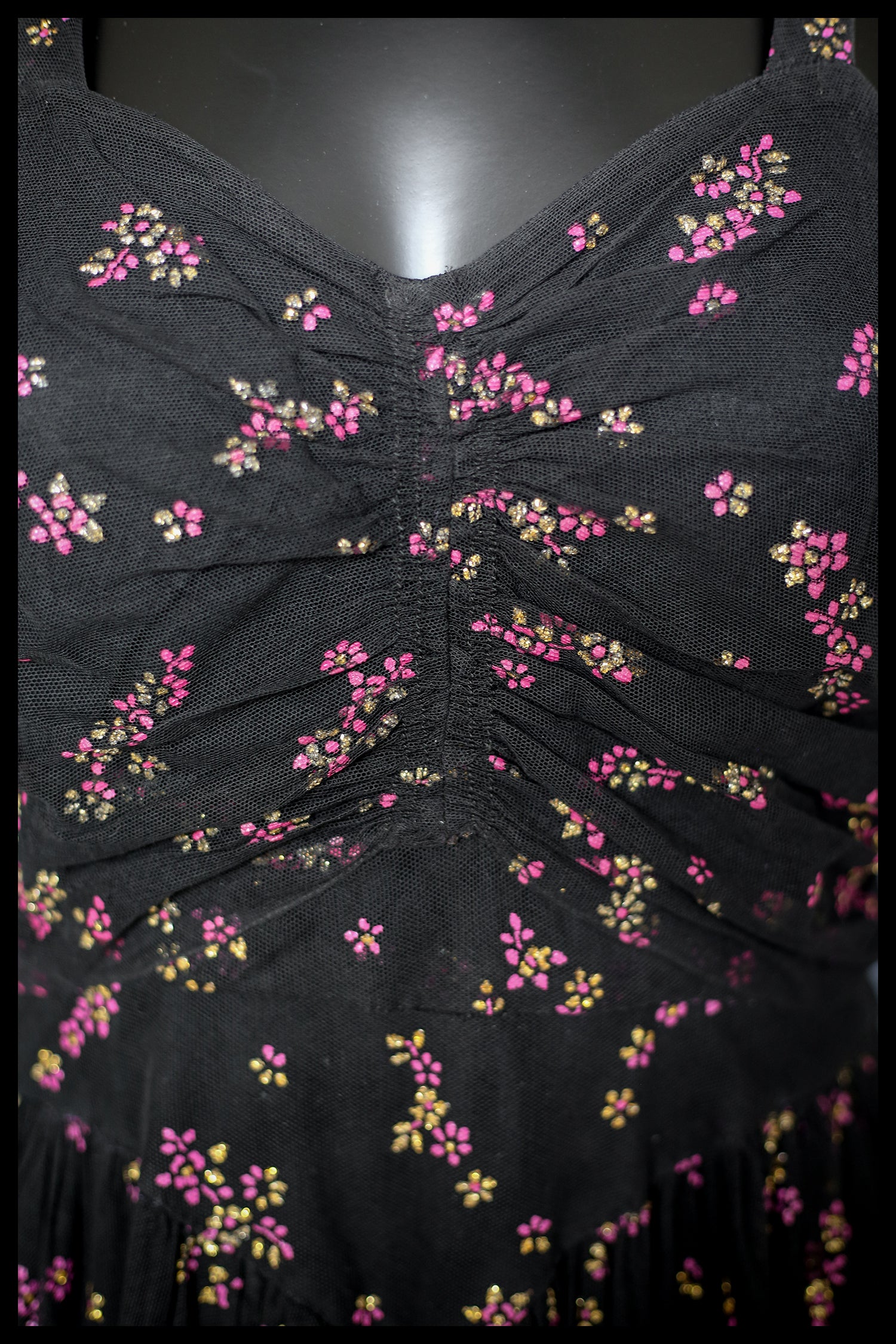 Vintage 1940s Black Printed Tulle Maxi Dress