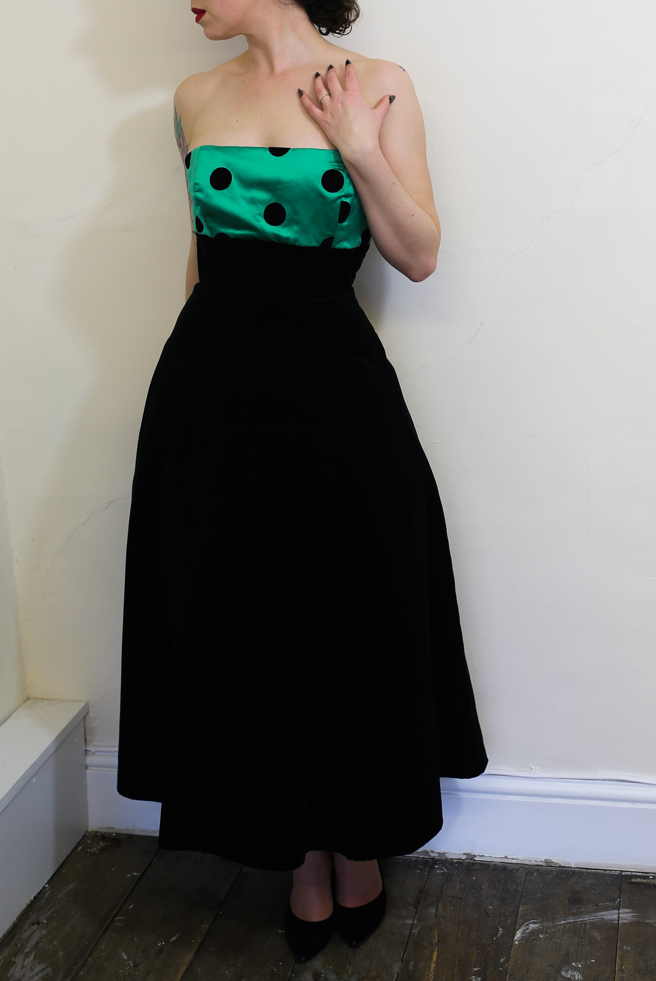 Vintage 1980s Black Velvet Green Polka dot Dress