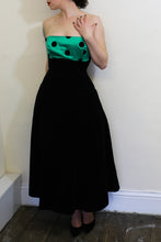 Vintage 1980s Black Velvet Green Polka dot Dress